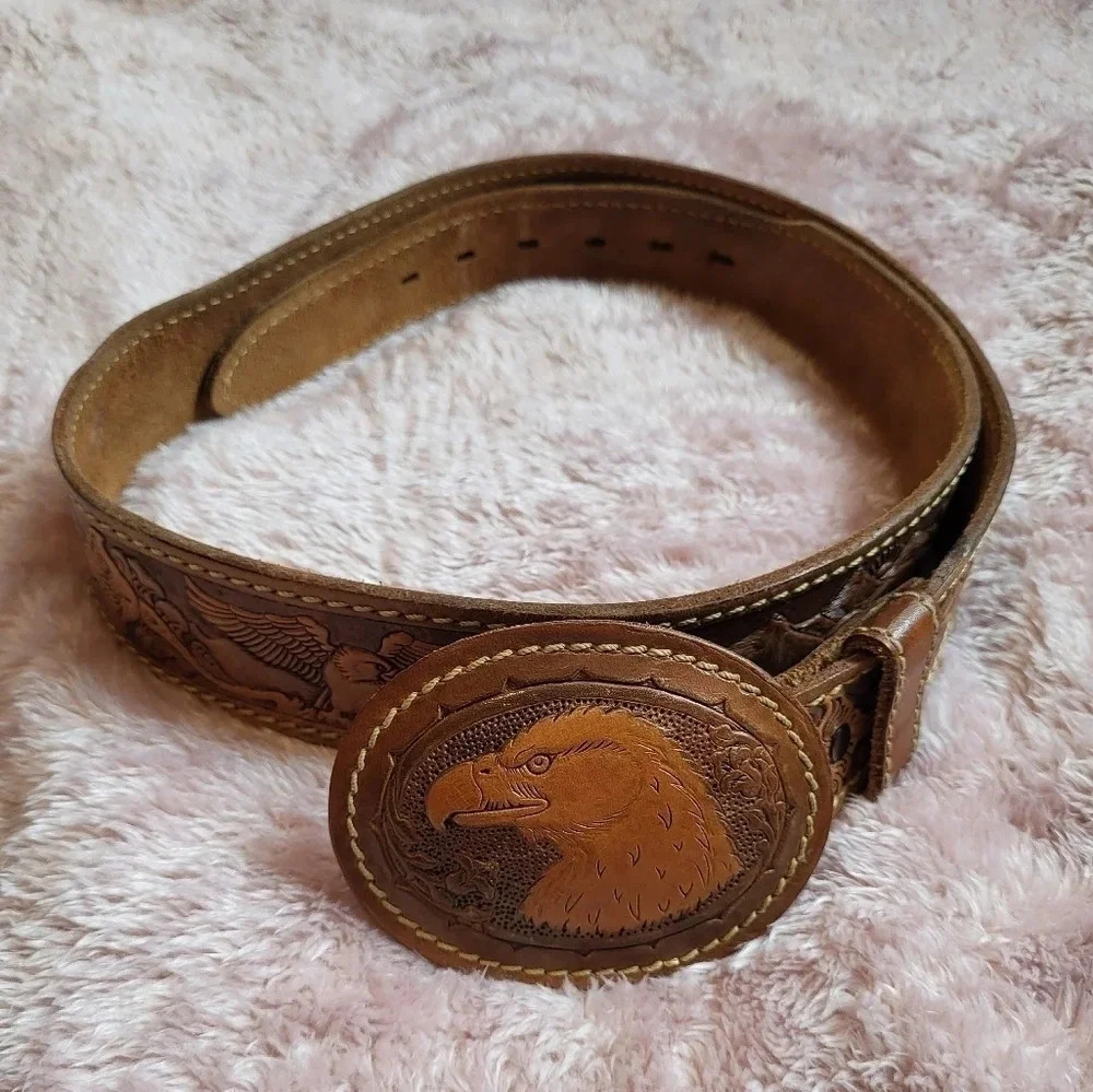 Genuine Leather Vintage Eagle Calla‎ Lily Brown Belt Size 40